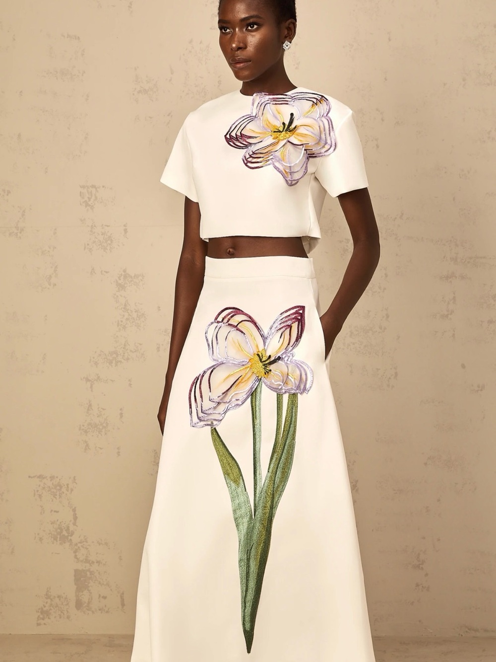 Irene White Floral A-Line Maxi Skirt Embroidered Matching Set size 8-10